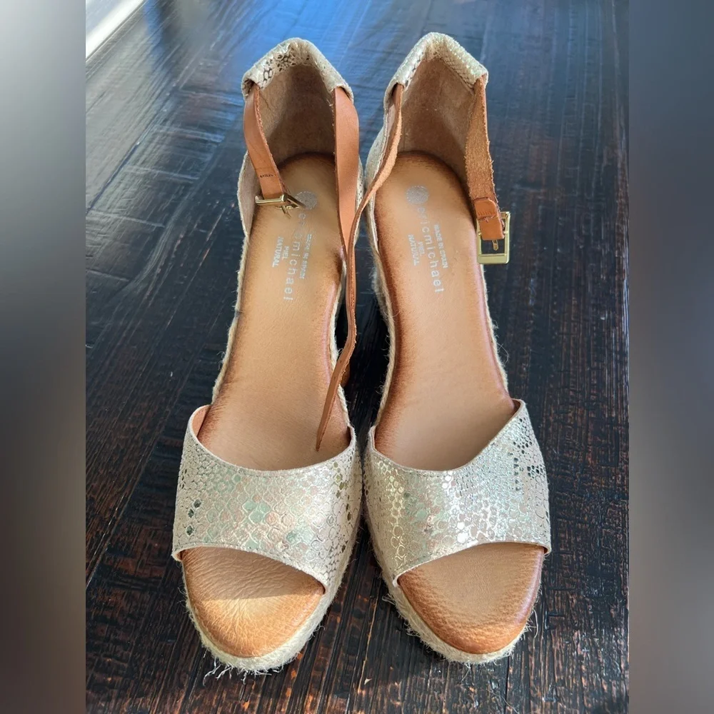 Eric Michael Gold Metallic Espadrille Wedge Sandal Size US 10 / EU 41